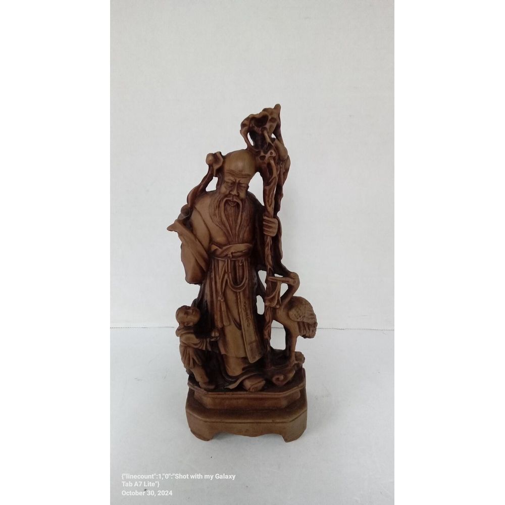 Vintage Hand Carved Wood‎ Figurine Statue Shouxing God of Longevity Crane